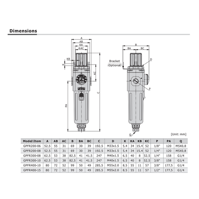 GPFR400C15ASJMT AIRTAC COALESCING FILTER/REGULATOR<BR>GPFR400 SERIES 1/2" NPT 20-130 PSI 0.3 MIC AD